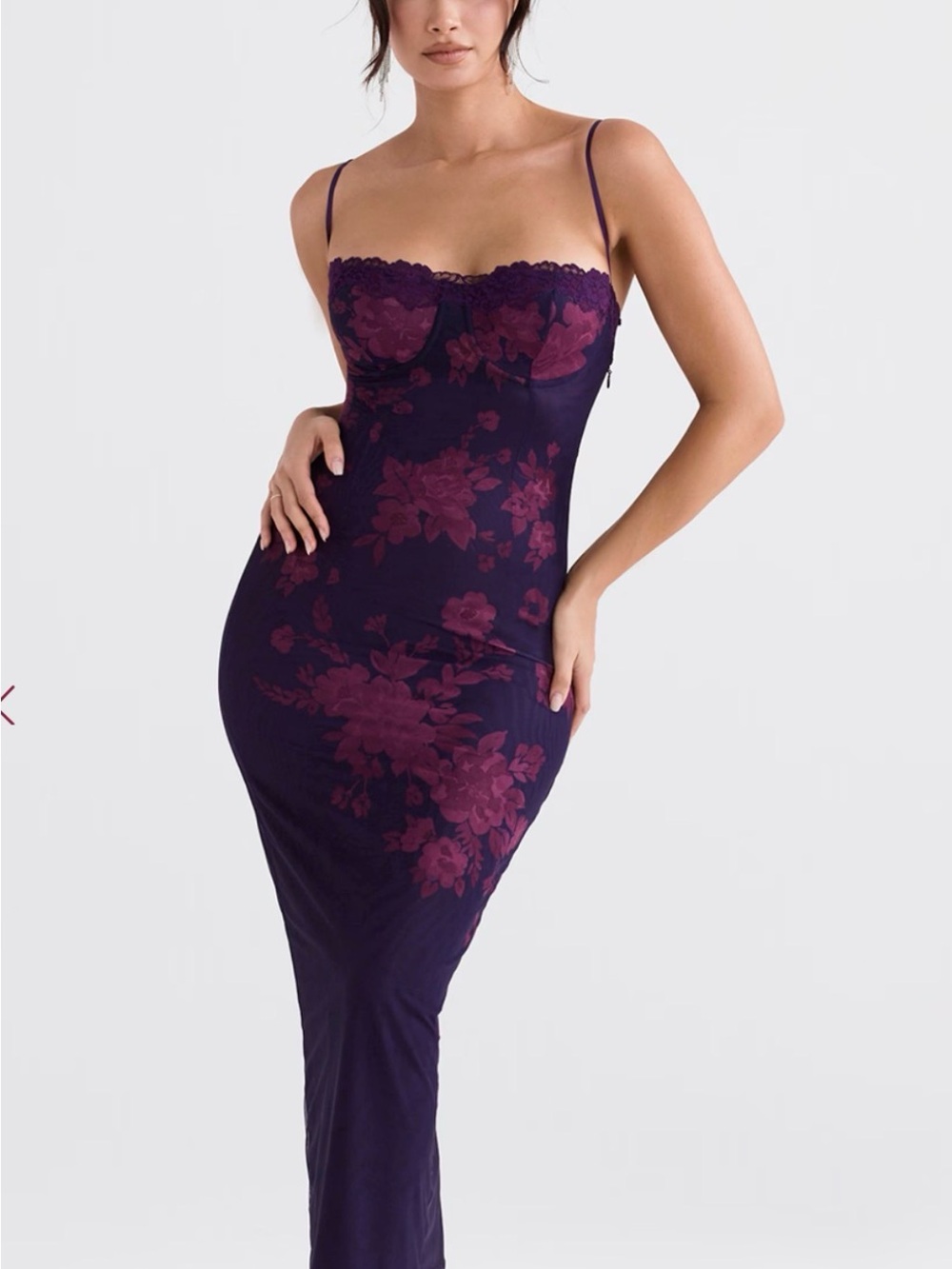 House of CB Navy and Plum Floral Lace Slip Gown - Picture 3 of 4